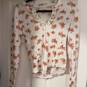 FREE people long Floral Long Sleeve button up henley thermal Top